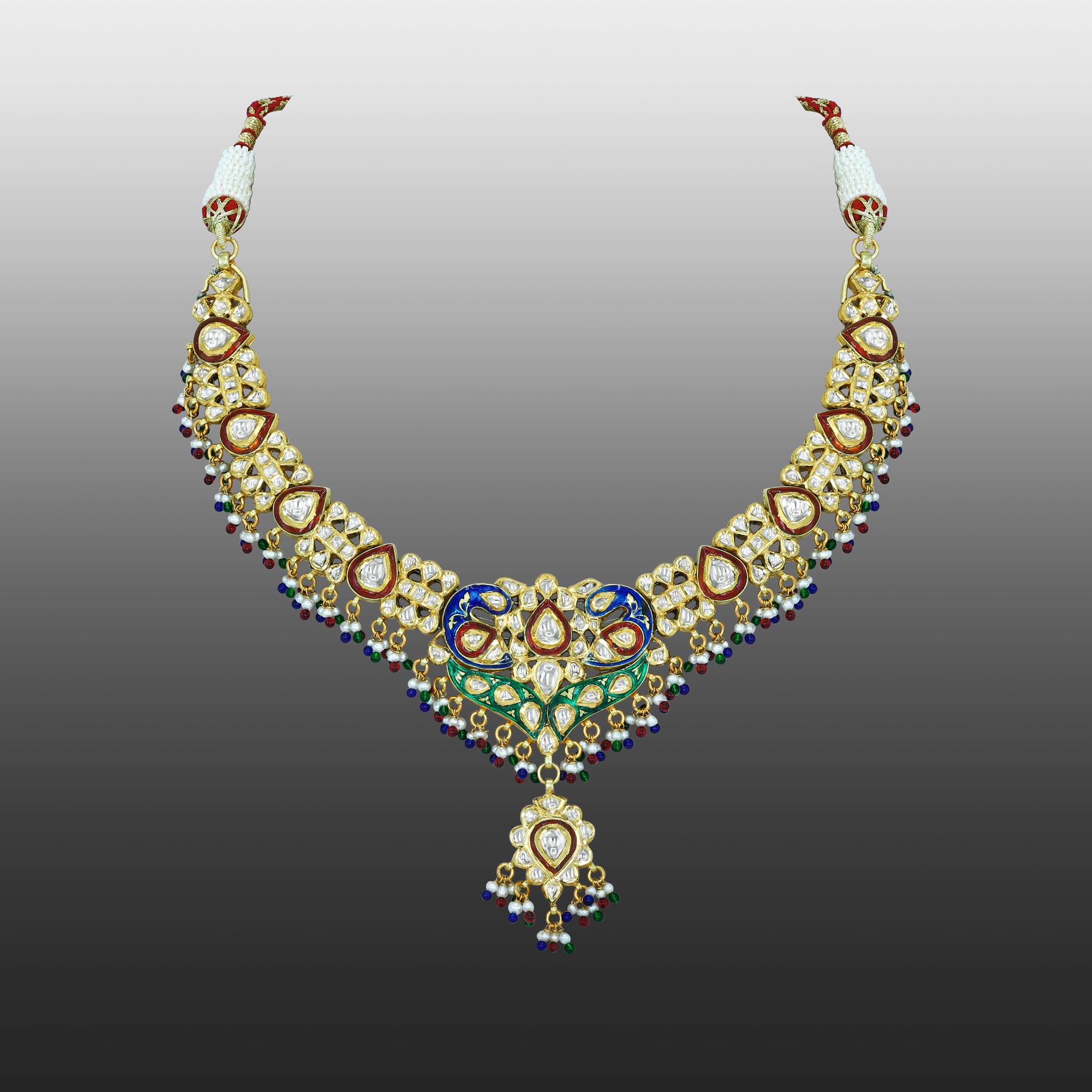 Polki Necklace with Enamel Peacock Motifs and Beads